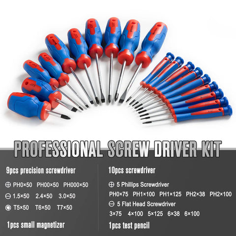 21 Piece Magnetic Screwdriver Set With Cushion Grip includes Philips, Slotted, and Torx drivers shown in arranged display.