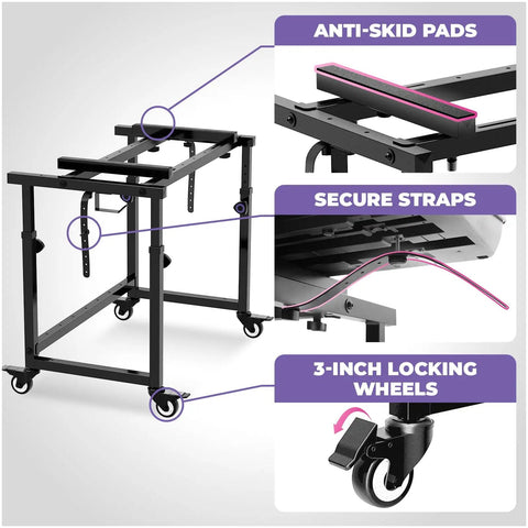 Rolling 3 Tier Keyboard Stand With Wheels For Home Studio And Music Production Fits 49 54 61 88 Key Pianos And Synths MIDI Controllers With anti-skid pads, secure straps, and locking wheels visible