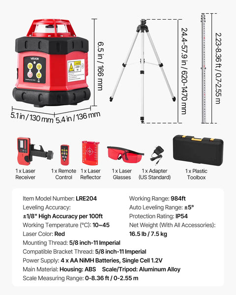 Rotary Laser Level Kit With 984 Ft Range, 360 Degree Self Leveling Red Horizontal Laser Transit For Construction Sites, tripod and accessories