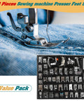 Front view of a 48-piece metal sewing machine presser feet set in a black tray, displayed on denim fabric