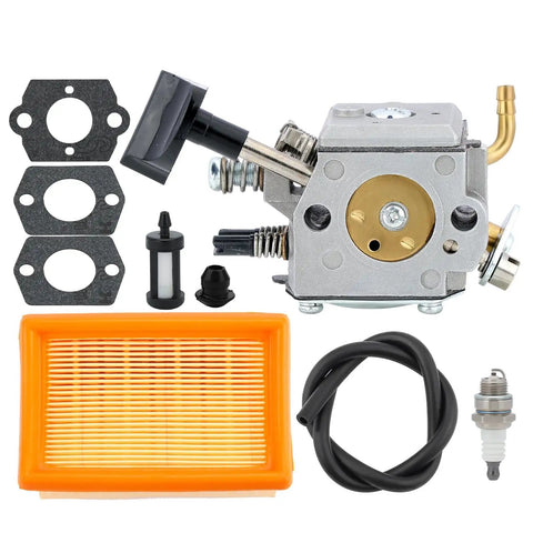 Stihl Backpacker Blower Carburetor Kit For BR420 BR340 BR380 BR400 SR320 SR340 SR380 SR400 SR420 BR320 BR340L Replacement Walbro HD-4A HD-4B HD-13B 4203-120-0601 4203-120-0603 4203-1, showing carburetor, gaskets, filter, spark plug, and fuel line.