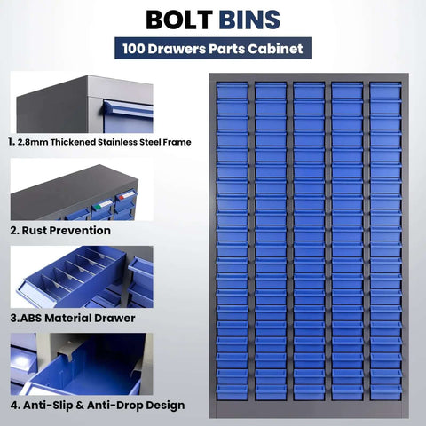 100-Drawer Nut And Bolt Organizer With Stainless Steel Frame, ABS Bins, Shelves And Labels for Workshop or Garage