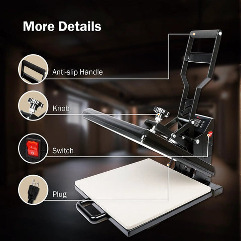 15x15 Inch Digital Sublimation Heat Press Machine Industrial Grade T Shirt Printer 1400W with anti-slip handle and control knob.