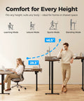 Agilestic L-Shape Standing Desk 63 Inch Electric Height Adjustable Sit Stand Corner Computer Table With Splice Board Dark Walnut with user at various heights.