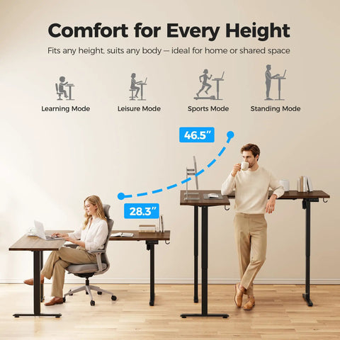 Agilestic L-Shape Standing Desk 63 Inch Electric Height Adjustable Sit Stand Corner Computer Table With Splice Board Dark Walnut with user at various heights.