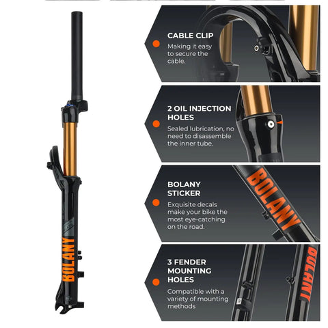 MTB Air Suspension Fork With 120mm Travel, 32mm Stanchions, details on cable clip, oil holes, and mounting holes, black and orange