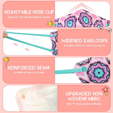 Kids KN95 Face Masks 30 Pack With 5 Layers Disposable Protective Covers features adjustable nose clip and widened earloops.