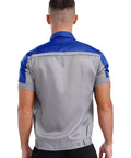 Mens Short Sleeve Mechanic Work Jacket With Reflective Safety Stripes And Heavy Duty Zipper Durable Contrast Utility Shirt Built Different And Kick Ass For The Daily Hustle, back view showcasing the blue and grey design.