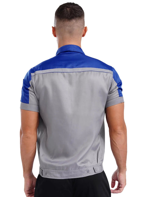 Mens Short Sleeve Mechanic Work Jacket With Reflective Safety Stripes And Heavy Duty Zipper Durable Contrast Utility Shirt Built Different And Kick Ass For The Daily Hustle, back view showcasing the blue and grey design.