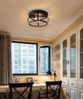 Room featuring Dope Industrial Semi Flush Mount 3 Light Ceiling Fixture In Black Rustic Metal Farmhouse Chandelier