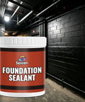 Premium Top Shelf Rubber Silicone Foundation Sealant Black 35 Oz Tub in a dimly lit basement corridor.