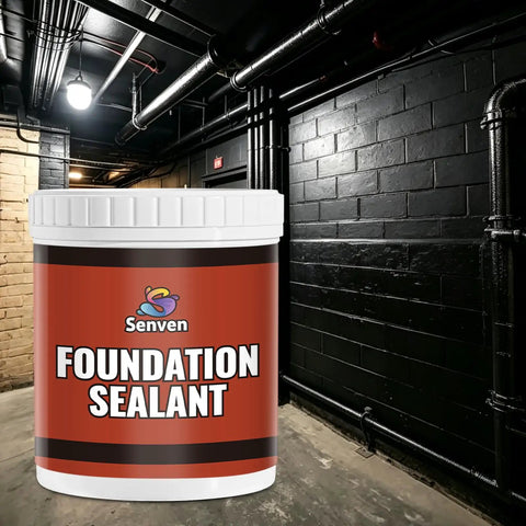 Premium Top Shelf Rubber Silicone Foundation Sealant Black 35 Oz Tub in a dimly lit basement corridor.