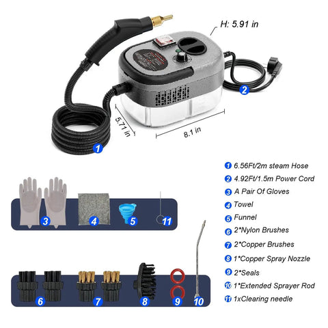 Powerful Portable Handheld Steam Cleaner With Six Adjustable Levels And 15 Second Rapid Heat Up Time with tools and accessories included.