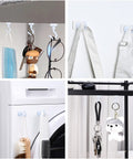 Heavy Duty Magnetic Hooks 30 Lbs Capacity 10 Pack displayed in use on various surfaces holding keys, bags, and accessories.