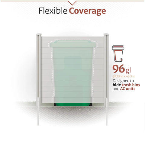 Premium White Vinyl Privacy Screen Panels 4ft High By 4ft Wide Two Panels No Dig Outdoor Privacy Fence For Air Conditioner Trash Can And Pool Equipment Enclosure With Easy 60 Minute Install, showing screen concealing trash can.