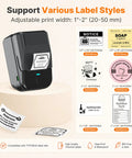 Straight Up Game Changer Label Printer Slick Chip Yields Crisp 203 Dpi Output Zero Ink Or Toner Drama Comes With Three Heavy Duty Tape Rolls For Lazy Weekend Organizing showing adjustable print width and various label styles.