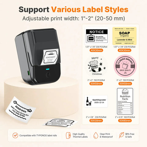 Straight Up Game Changer Label Printer Slick Chip Yields Crisp 203 Dpi Output Zero Ink Or Toner Drama Comes With Three Heavy Duty Tape Rolls For Lazy Weekend Organizing showing adjustable print width and various label styles.