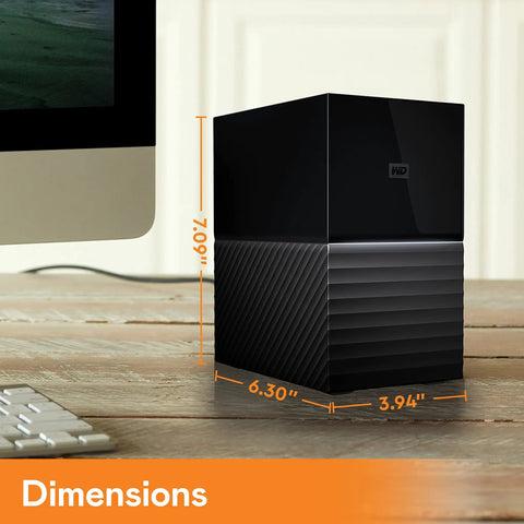Ridiculous Capacity 20TB External Hard Drive Desktop RAID Rig With Password Lockdown Auto Backup Features And USB 3.1 Ports dimensions displayed next to a computer.