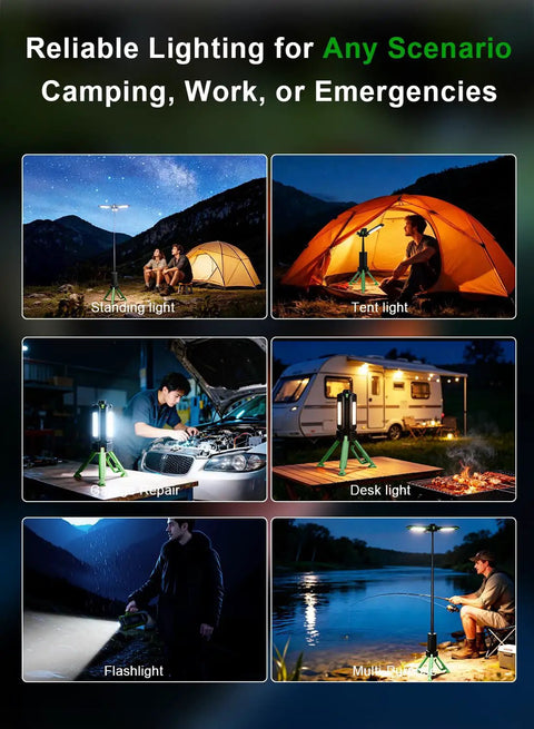 Massive 15000mAh Rechargeable Telescopic Camping Light Lantern With Reinforced Tripod Base used in various outdoor settings