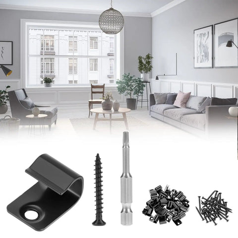 Pro Grade 304 Stainless Steel Deck Starter Clip System Featuring 50 Durable Hidden Fasteners Plus 52 All Weather Decking Screws hardware in modern living room.