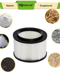 Three Pack Replacement Filter Cartridges 17810 for 3 to 4 Gallon Wet Dry Vacuums, Compatible With Models Prefix 113 Or 125, Includes One Small Cleaning Brush, Part 9-17810; central filter image with surrounding debris types shown.