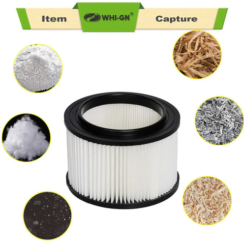 Three Pack Replacement Filter Cartridges 17810 for 3 to 4 Gallon Wet Dry Vacuums, Compatible With Models Prefix 113 Or 125, Includes One Small Cleaning Brush, Part 9-17810; central filter image with surrounding debris types shown.