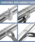Dual Size Clamp On Set With 2.5 Inch And 3 Inch Universal Welding Clamps For Exhaust Pipe Repair And Fabrication, shown with pliers