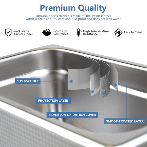 Heavy Duty Ultrasonic Cleaner With Smart Heating And Digital Timer Settings Boasts A Roomy Three Liter Stainless Steel Tank close-up of 304 stainless steel liner and protective layers.