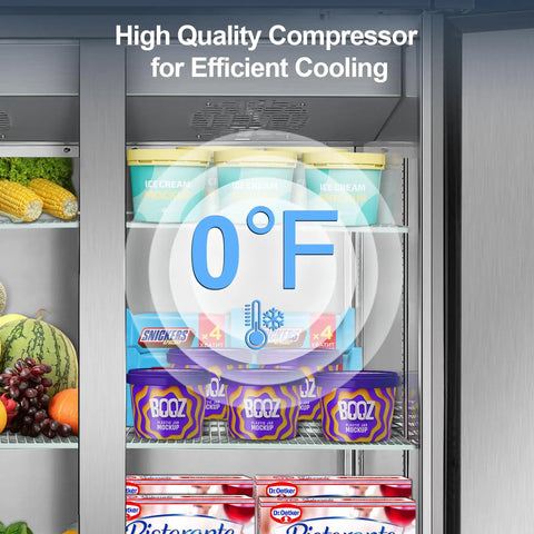 Heavy Duty Commercial Refrigerator And Freezer Combo Sleek Stainless Steel Design showcasing ice cream tubs at 0°F.