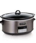 8-Quart Go-To Programmable Slow Cooker With Auto Warm, Digital Timer, And Easy Cleanup in black stainless steel, front view.