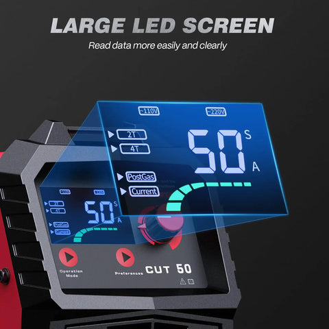 Close-up of the large LED screen on a Dual Voltage Plasma Cutter 50 Amp With Large LED Display 110 220V IGBT Inverter For DIY Home Workshop.