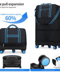 Ailouiskids rolling duffle bag with detachable wheels, black fabric with blue trim, expandable carry-on luggage.