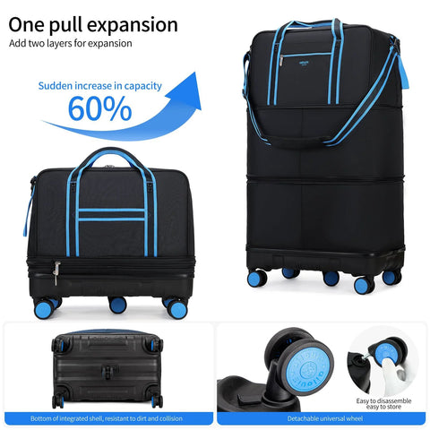 Ailouiskids rolling duffle bag with detachable wheels, black fabric with blue trim, expandable carry-on luggage.