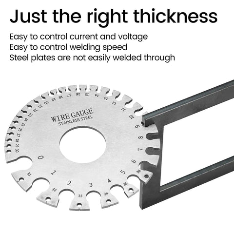 Wire gauge tool with metal edge, part of Welding Practice Kit With 36 Premium Mild Steel Coupons In 3.6 Inch And 2.6 Inch Sizes, 9 Gauge Plates For TIG MIG And Stick Welding, Ideal For Skill Improvement And Hands On Training.
