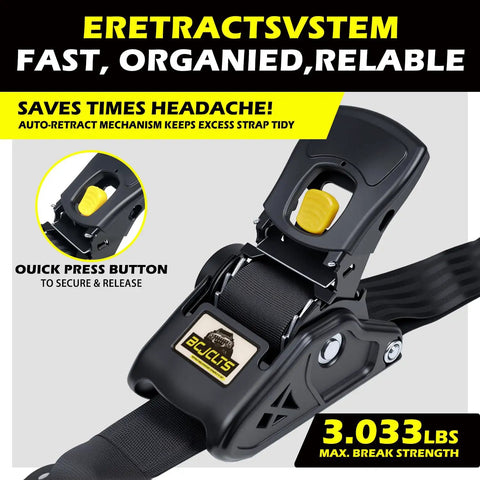 Heavy Duty Retractable Ratchet Straps Two Pack Tough As Nails Design with auto-retract mechanism and padded grip.