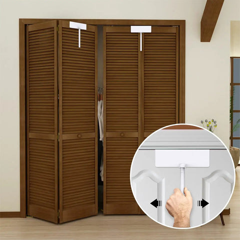 Metal bifold door lock for double doors, kid proof safety lock prevents access, shown in white, fits over bifold doors.