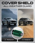 Cover Shield all-weather car cover shown in rain and dust conditions highlighting waterproof and dustproof features