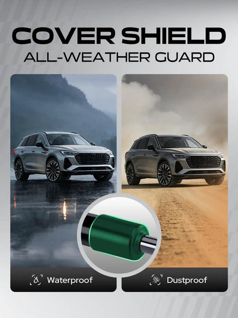 Two SUVs on wet and dusty terrain with text 'Cover Shield All-Weather Guard' highlighting waterproof and dustproof features.