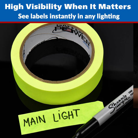 Neon Fluorescent Yellow Labeling Tape With Clean Removable Adhesive next to labeled paper and marker, for DJ mixers and audio gear.
