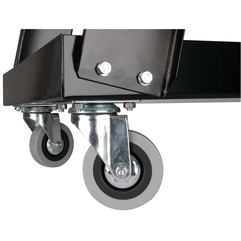 Close-up of swivel front casters on Universal Mobile Welding Cart On Wheels With Storage Trays For MIG Welders And Plasma Cutters Heavy Duty