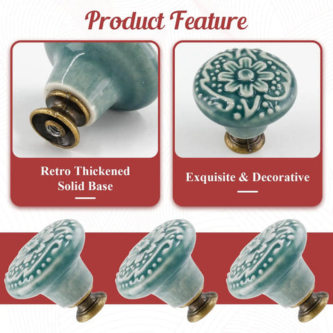 Close-up of an 8-Piece Green Ceramic Knobs Set For Vintage Kitchen Cabinets And Dressers, decorative knobs with embossed design.