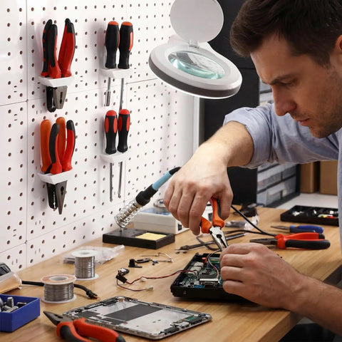 Man using Must Have 4 Pack Pegboard Plier Holders For Pliers And Scissors Durable Plastic Double Hole Tool Hangers for tool storage
