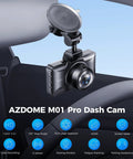 Mounted dual dash cam inside a car with features overlay; 1080p front view, ADAS, G-sensor, 3-inch screen, 64GB card included.