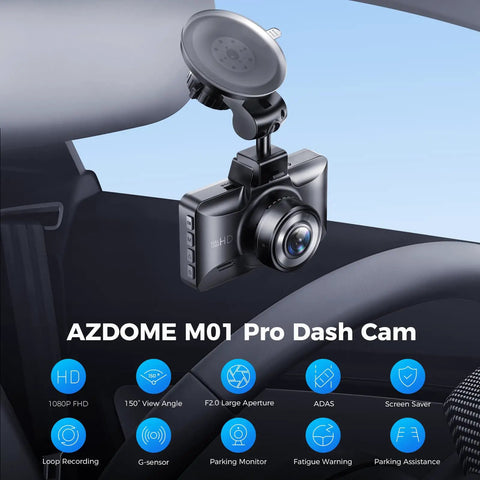 Mounted dual dash cam inside a car with features overlay; 1080p front view, ADAS, G-sensor, 3-inch screen, 64GB card included.