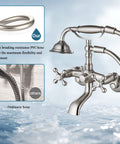 Clawfoot Tub Faucet With Handheld Shower Brushed Nickel, wall mount filler and PVC hose, vintage Victorian style cross handles
