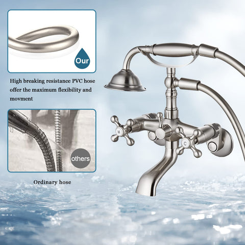 Clawfoot Tub Faucet With Handheld Shower Brushed Nickel, wall mount filler and PVC hose, vintage Victorian style cross handles