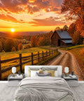 No Sweat Peel And Stick Wall Murals Featuring Rustic Barn Sunset Autumn Print Self Adhesive Vinyl Removable Stickers For Boys Girls Bedrooms Easy Room Refresh Makeover in a bedroom with sunset hues and barn scene.