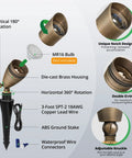12 Pack Solid Brass Landscape Spotlight Kit 12V AC DC Low Voltage Outdoor Uplight with ABS Ground Spike Waterproof Directional LED Fixture MR16 Bulb Not Included diagram showing rotation features and waterproof connectors.