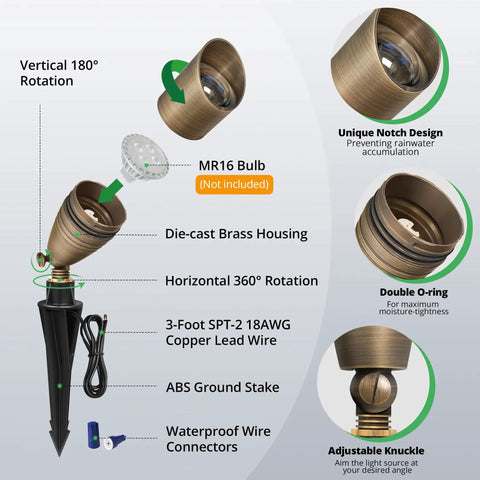 12 Pack Solid Brass Landscape Spotlight Kit 12V AC DC Low Voltage Outdoor Uplight with ABS Ground Spike Waterproof Directional LED Fixture MR16 Bulb Not Included diagram showing rotation features and waterproof connectors.
