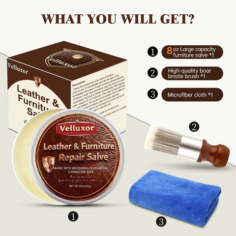 Top Shelf Leather Conditioner And Furniture Salve Kit for Couches Auto Seats and Bags includes 8oz salve, brush, microfiber cloth.